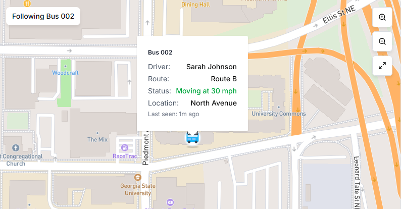 Live bus tracking showing real-time location and driver information