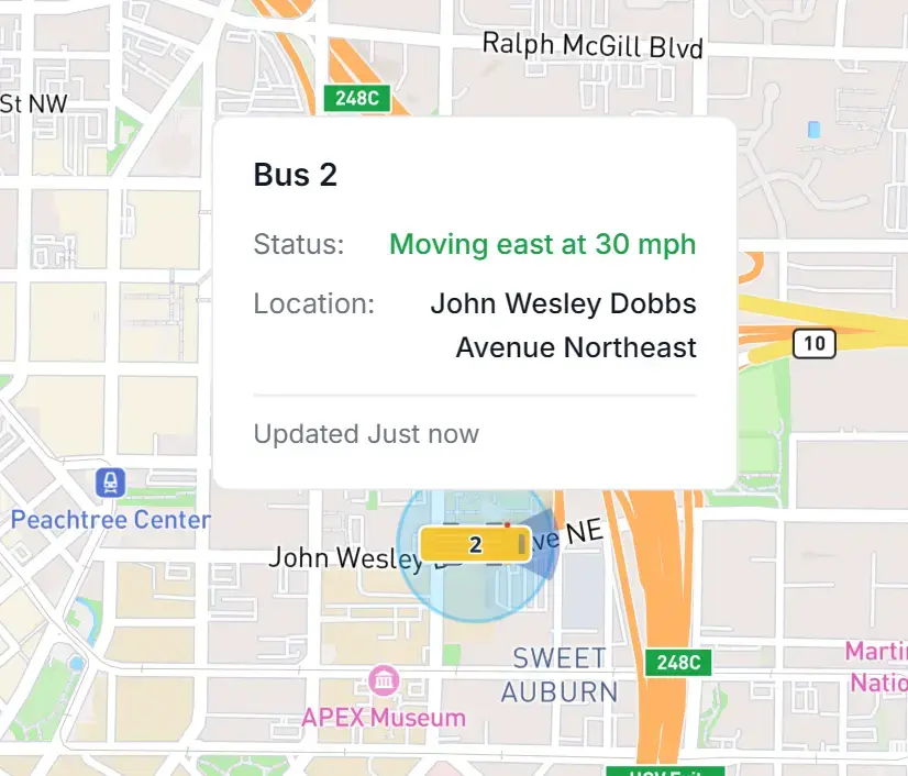 Live bus details showing real-time location, status, and driver information