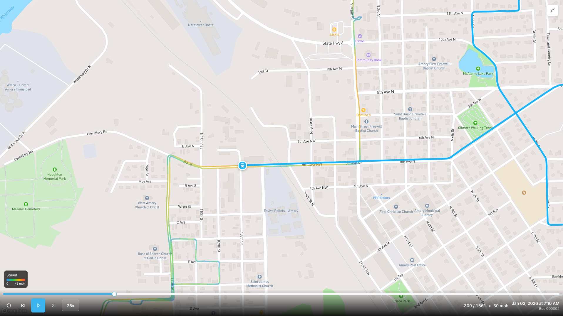 Route replay showing historical trip data and timeline