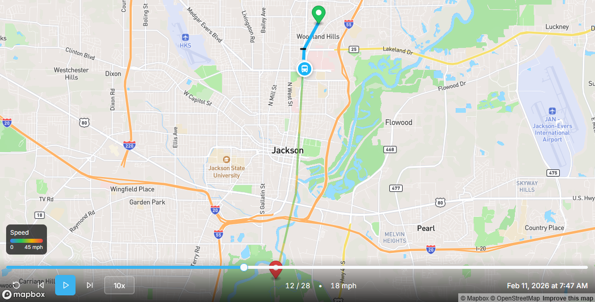Route replay showing historical trip data and timeline